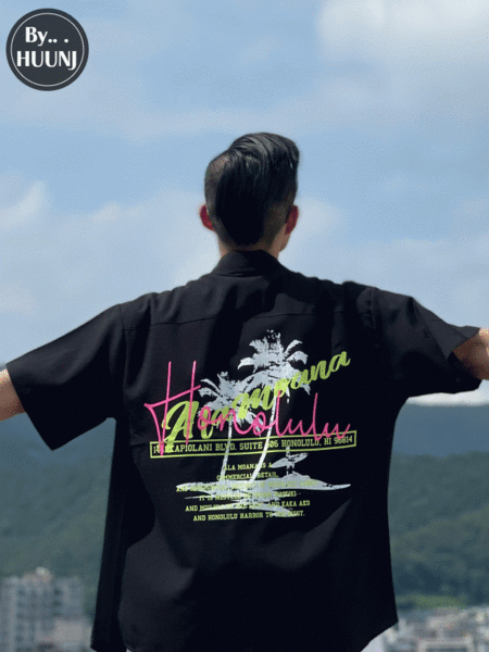Honolulu 네온 배색 그래픽 나염 프린팅 오버핏 박스 반팔 셔츠 남방